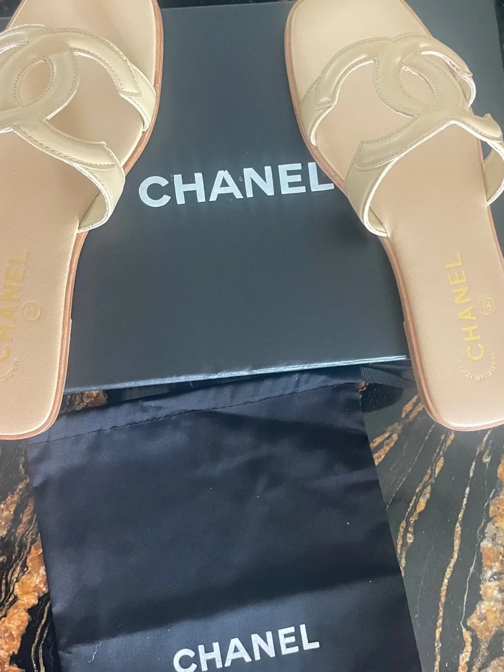 CHANEL Genuine Leather Cream Beige Interlocking CC Slide Sandals